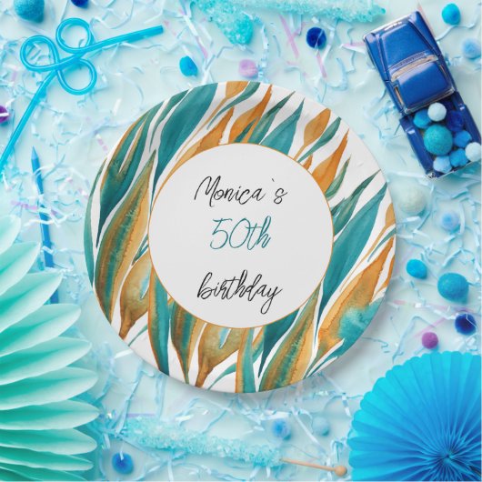 Türkis Orange Schöne Wasserfarbe Personalisiert Pappteller (Party)