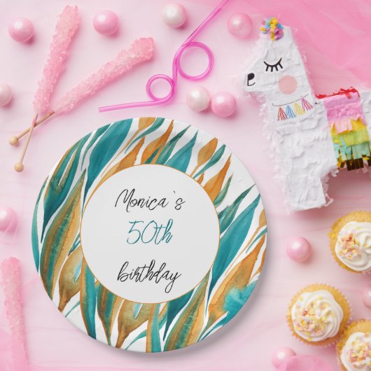 Türkis Orange Schöne Wasserfarbe Personalisiert Pappteller (Party)