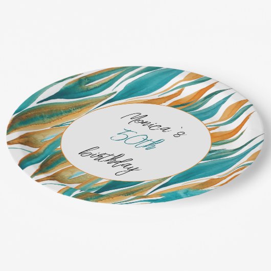 Türkis Orange Schöne Wasserfarbe Personalisiert Pappteller (Schrägansicht)