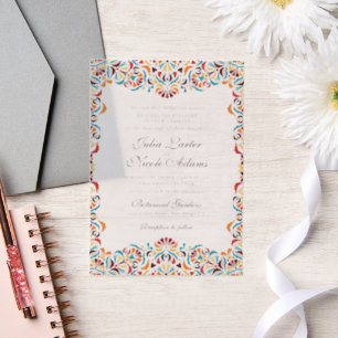 Türkis Orange Whimsical Florales Mandala-Hochzeit Pergament Einladungen