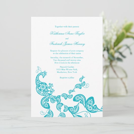 Türkis-Paisley-Pfau-schicke Hochzeit laden ein Einladung (Stehend Vorderseite)