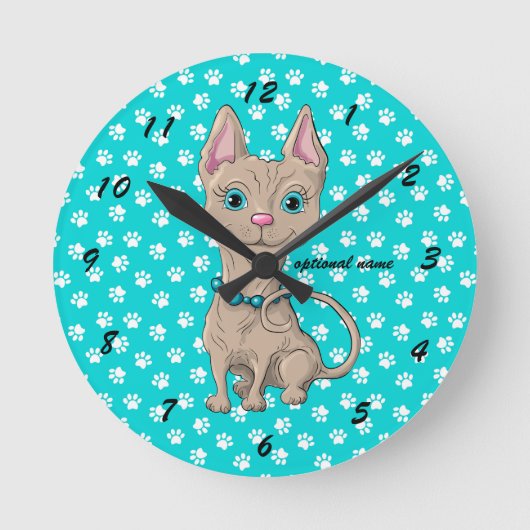 Türkis Paw Print Sphynx Chat Wall Clock Runde Wanduhr (Vorderseite)