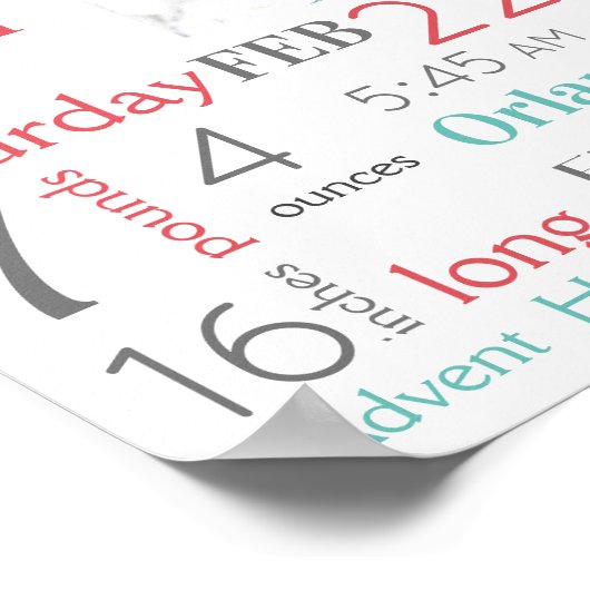 Türkis & Peach Baby Birth Stats Geschlecht neutral Poster (Ecke)