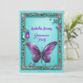 Türkis Perle lila Butterfly modern mädchenhaft ele Einladung (Stehend Vorderseite)