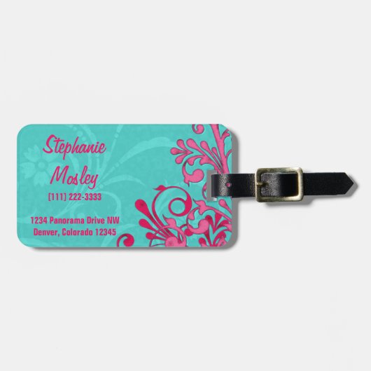 Türkis Pink Abstrakt floral Personalisiert Gepäckanhänger (Vorderseite horizontal)