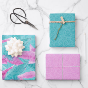 Türkis Pink Abstrakt Hawaiianische Blume Geschenkpapier Set