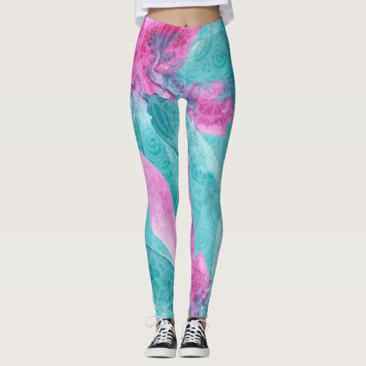 Türkis Pink Abstrakt Hawaiianische Blume Leggings (Vorderseite)