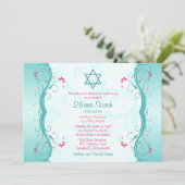 Türkis Pink Floral Bat Mitzvah Einladung (Stehend Vorderseite)