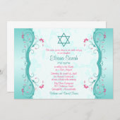 Türkis Pink Floral Bat Mitzvah Einladung (Vorne/Hinten)