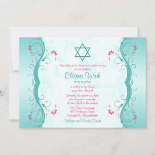 Türkis Pink Floral Bat Mitzvah Einladung