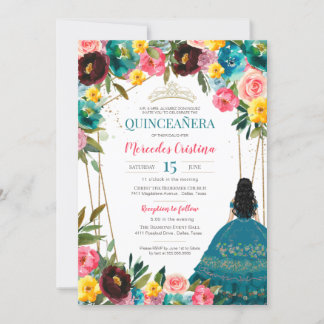Türkis Pink Gelb Feierliche Quinceanera Einladung