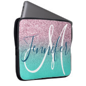 Türkis Pink Glitzer Ombre Girly Monogram Laptopschutzhülle (Vorne Rechts)