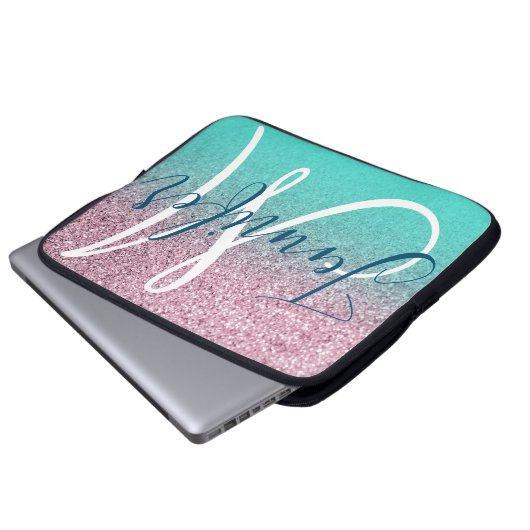 Türkis Pink Glitzer Ombre Girly Monogram Laptopschutzhülle (Vorne Knopf)