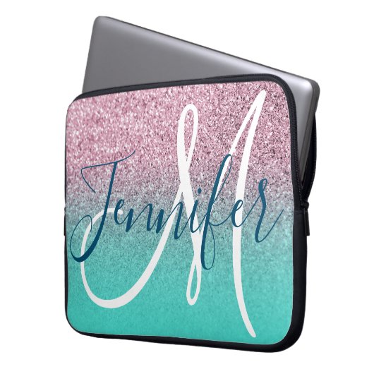 Türkis Pink Glitzer Ombre Girly Monogram Laptopschutzhülle (Vorderseite Links)