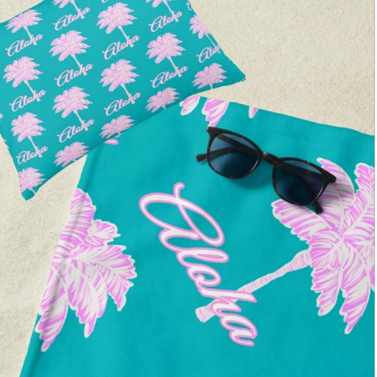 Türkis Pink Weiße Palme Aloha Tropisch Strandtuch