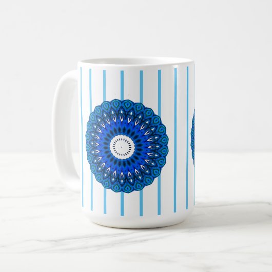 Türkis Pinstriped Blue Mandala Tasse (Vorderseite Links)