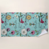 Türkis Queen Bee Floral Muster Strandtuch (Vorderseite)