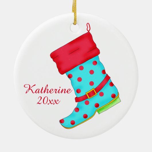 Türkis Red Boot Art Shoe Lover Weihnachtsname Keramikornament (Hinten)