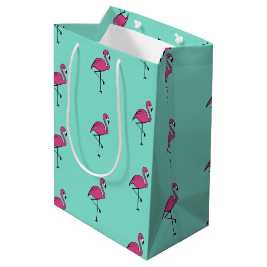 Türkis Retro Rosa Flamingo Geschenktasche Mittlere Geschenktüte (Rückseite Schrägansicht)
