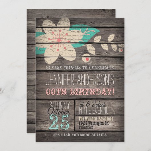 Türkis, rosa Blume, rustikaler Jugendlicher Geburt Einladung (Vorne/Hinten)