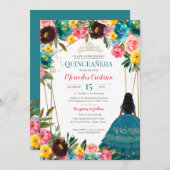 Türkis Rosa Gelbe Fiesta Blumenkohl Quinceanera in Einladung (Vorne/Hinten)