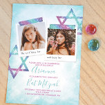 Türkis, rosa Glitzer Bat Mitzvah Einladung<br><div class="desc">Einzigartiger aquamariner,  rosa und silberner Glitzer Bat Mitzvah mit türkisfarbenen,  blauen und lila Farbtönen. Niedliche quadratische Fotos mit David-Kunstwerk in sanften türkisfarbenen Aquarellen sind ein wunderschönes Vintages Aussehen für Ihre Geburtstagsfeier. Foto-Beschriftungen können in jede beliebige Wortwahl geändert werden. Lade deine Fotos einfach in die Fotorahmen hoch.</div>