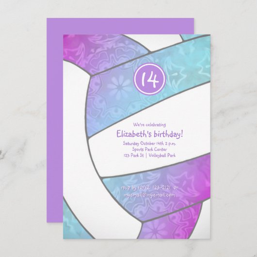 Türkis rosa lila Volleyball Geburtstag Einladung (Vorne/Hinten)