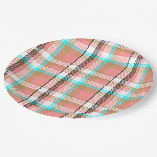 Türkis Rosa Retro Chic Tartan Kariertes Muster Pappteller (Schrägansicht)