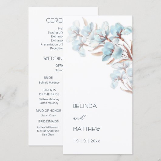 Türkis-Roségold-Blumen | Hochzeitsprogramm (Vorne/Hinten)
