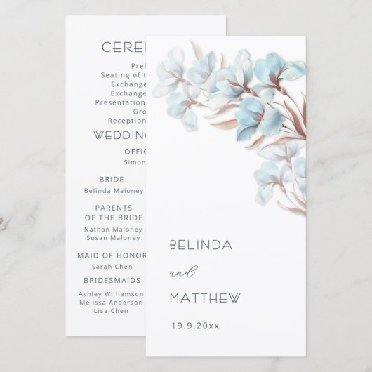 Türkis-Roségold-Blumen | Hochzeitsprogramm (Vorne/Hinten)