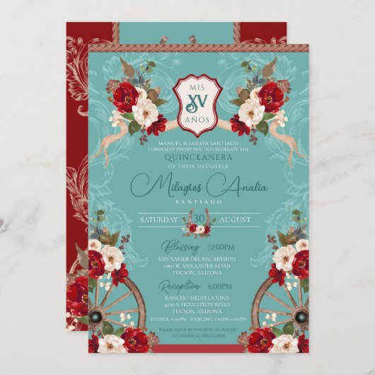 Türkis & Rot Elegantes Barock Charra Quinceñera Einladung (Vorne/Hinten)