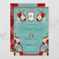 Türkis & Rot Elegantes Barock Charra Quinceñera