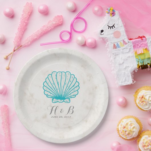 Türkis Rustic Seashell Wedding Pappteller (Party)