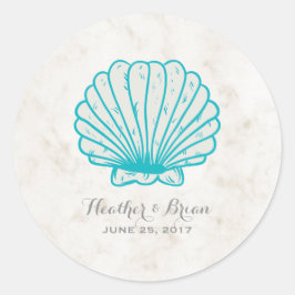 Türkis Rustic Seashell Wedding Runder Aufkleber