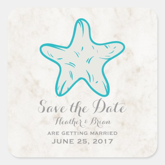 Türkis Rustikaler Starfish Save the Date Quadratischer Aufkleber (Vorderseite)