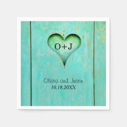 Türkis Rustikales Holz Mit Monogramm Herz Serviette (Vorderseite)