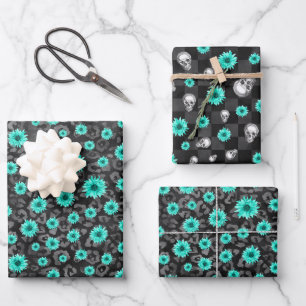Türkis Schädel und Sonnenblumen Serie Design 5   Geschenkpapier Set