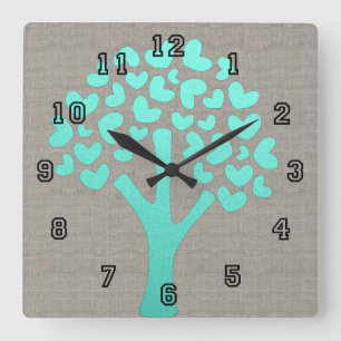 Türkis-Schimmer-Baum des Herz-beige Leinenblickes Quadratische Wanduhr