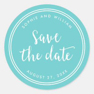 Türkis Schrift und weiße Streifen Save the Date Runder Aufkleber