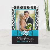 Türkis, Schwarz-Damast-Liebe Hört Hochzeit Dankeskarte (Vorderseite)