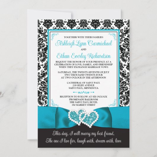 Türkis, Schwarz-Damast-Liebe Hört Hochzeit Einladung (Vorderseite)
