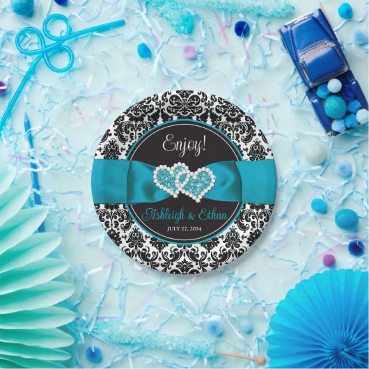 Türkis, Schwarz-Damast-Liebe Hört Hochzeit Pappteller (Party)
