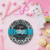 Türkis, Schwarz-Damast-Liebe Hört Hochzeit Pappteller (Party)