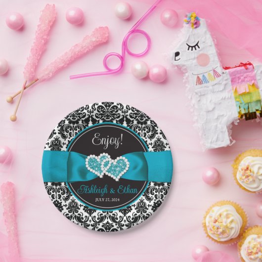 Türkis, Schwarz-Damast-Liebe Hört Hochzeit Pappteller (Party)