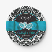 Türkis, Schwarz-Damast-Liebe Hört Hochzeit Pappteller (Vorderseite)