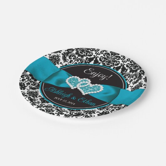 Türkis, Schwarz-Damast-Liebe Hört Hochzeit Pappteller (Schrägansicht)