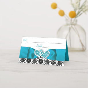 Türkis, Schwarz-Damast-Liebe Hört Hochzeit Platzkarte
