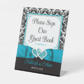 Türkis, Schwarz-Damast-Liebe Hört Hochzeit Sockelschild (Vorderseite)