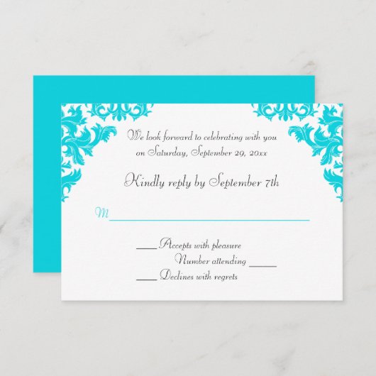 Türkis, Schwarz, Weiß, Damaskus - RSVP-Karte Einladung (Vorne/Hinten)