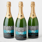 Türkis, Schwarz, Weiße Damast Liebe Herz Hochzeit Schaumweinetikett (Flaschen)